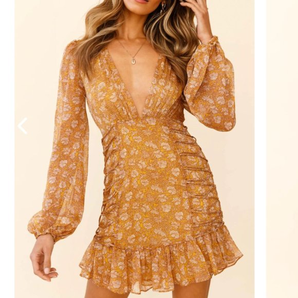 Selfie Leslie - Come Alive Long Sleeve String Detail Dress Floral Print Mustard - Picture 1 of 7
